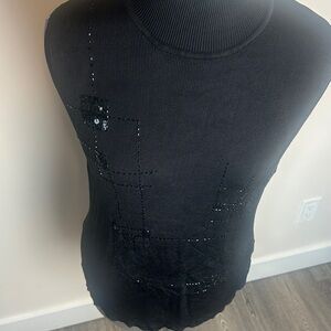 Y2K Valenti Black Ribbed Stretch Turtleneck Top – Beaded Patchwork – Size L